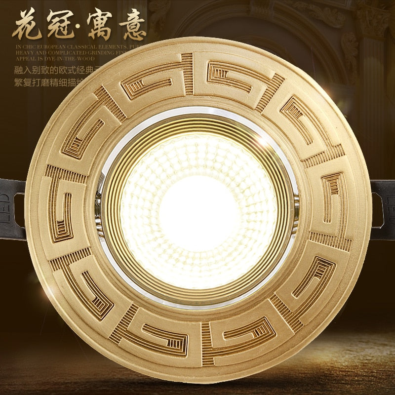 Loft European Style Luxury Pure Copper 3W 5W COB Downlight Copper LED Ceiling Lamp Indoor light Cafe Store Hall