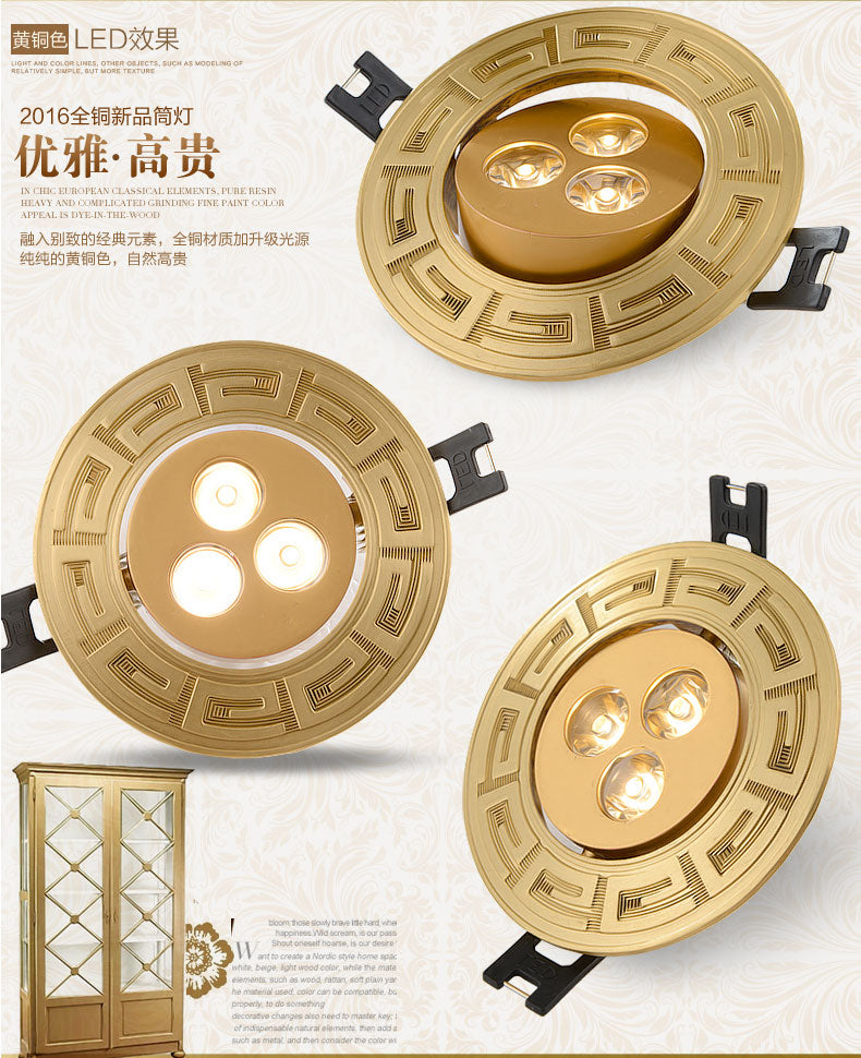 Loft European Style Luxury Pure Copper 3W 5W COB Downlight Copper LED Ceiling Lamp Indoor light Cafe Store Hall