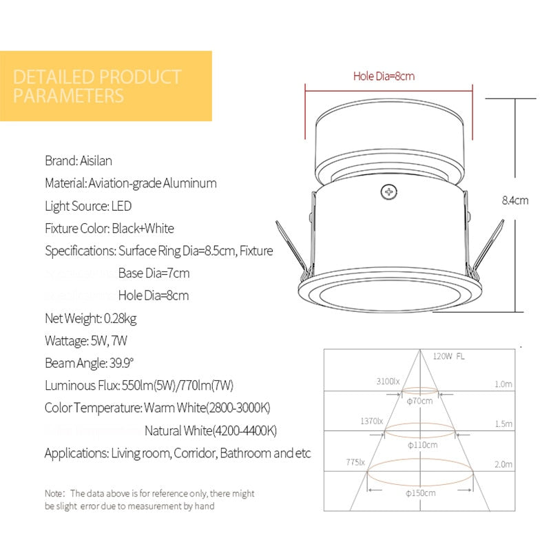 Aisilan Modern Nordic style waterproof free rotation downlight for bathroom bedroom living room kitchen Foyer AC85-260V 5W
