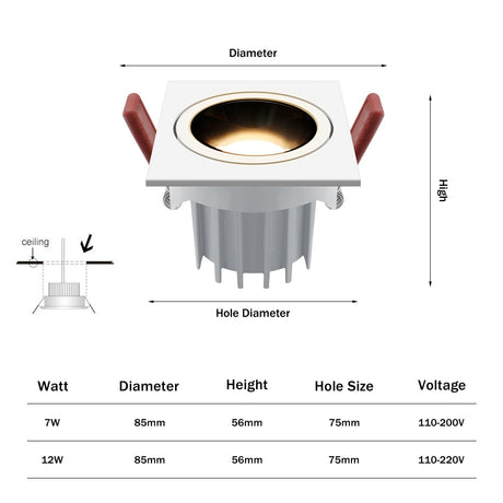 New Anti-glare LED Recessed Downlight Dimmable 7W 12W Ceiling Spot Light AC 110V/220V Angle Adjust Square Spot Lights