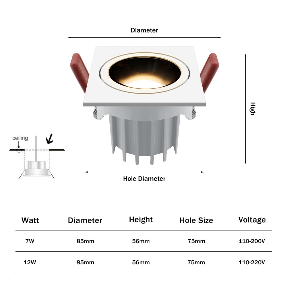 New Anti-glare LED Recessed Downlight Dimmable 7W 12W Ceiling Spot Light AC 110V/220V Angle Adjust Square Spot Lights
