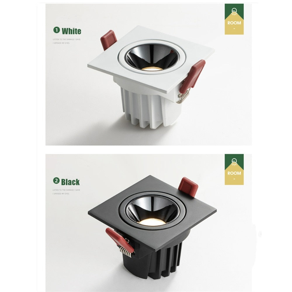 New Anti-glare LED Recessed Downlight Dimmable 7W 12W Ceiling Spot Light AC 110V/220V Angle Adjust Square Spot Lights