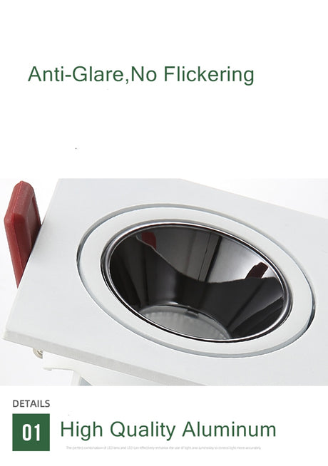 New Anti-glare LED Recessed Downlight Dimmable 7W 12W Ceiling Spot Light AC 110V/220V Angle Adjust Square Spot Lights