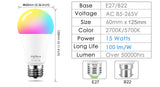  Smart Bulb 15W Color Wi Fi Light RGB E27 LED Lamp 220V 110V Alexa Google Home Assistant Siri Voice Control Dimmable