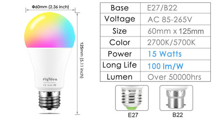  Smart Bulb 15W Color Wi Fi Light RGB E27 LED Lamp 220V 110V Alexa Google Home Assistant Siri Voice Control Dimmable