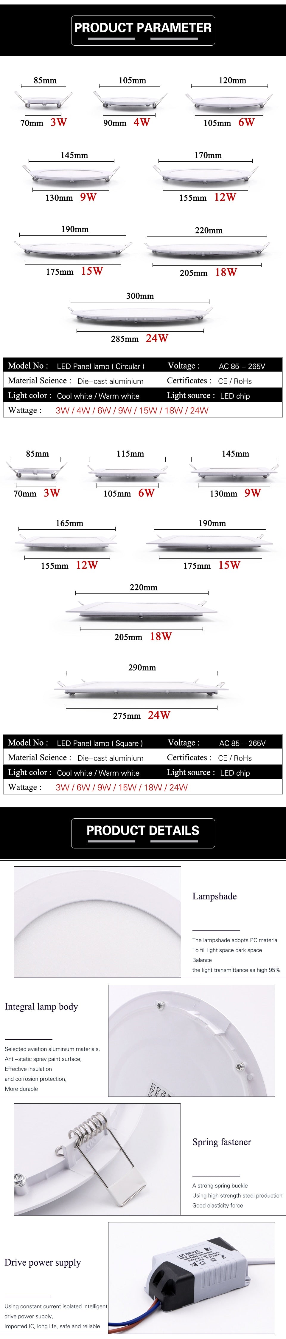  LED Ultra thin Downlight lamp 3W 4W 6W 9W 12W 15W 18W 24W led ceiling recessed grid downlight slim round panel light