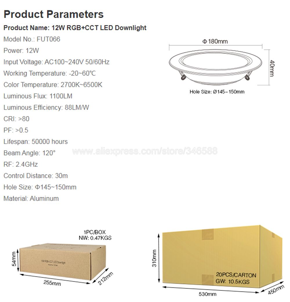 Mi.Light 4x 12W RGB + CCT Downlight with Driver AC85-260V FUT066 +1x WiFi iBox1 Lamp +1x 2.4G Wireless RF 4-Zone Touch Remote