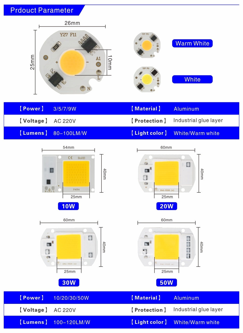 LED COB Chip Lamp 10W 20W 30W 50W 220V Smart IC No Need Driver LED Bulb 3W 5W 7W 9W for Flood Light Spotlight Diy Lighting