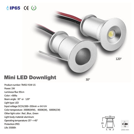 LED Mini Spotlight 15mm Cutout Recessed Lighting DC3V/12V IP65 Home Kitchen Ceiling Light 30D/120D Beam Angle