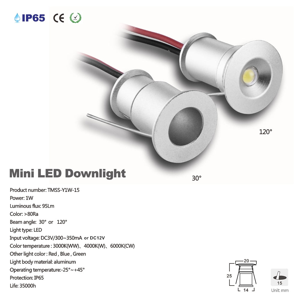 LED Mini Spotlight 15mm Cutout Recessed Lighting DC3V/12V IP65 Home Kitchen Ceiling Light 30D/120D Beam Angle