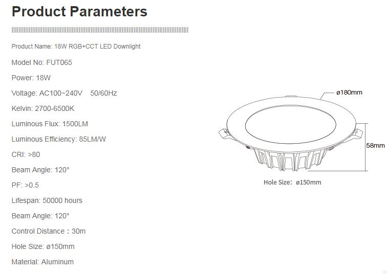 LED light Downlight dimmable smart Indoor living room light AC220V 18W RGB+CCT can Mobile phone/2.4G remote/wifi/voice control