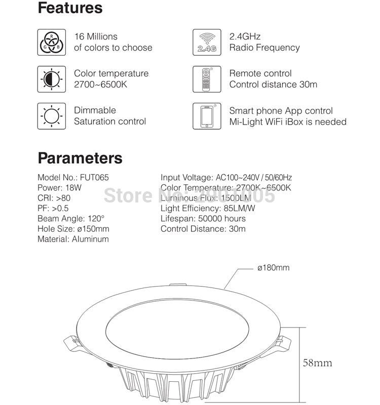 LED light Downlight dimmable smart Indoor living room light AC220V 18W RGB+CCT can Mobile phone/2.4G remote/wifi/voice control