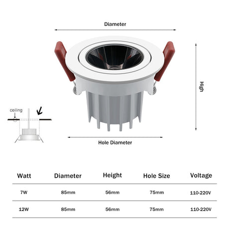  New High CRI≥90 Anti-Glare LED COB Recessed Downlight 7W 12W Angle Adjustable Ceiling Spot Lights Kitchen Living Room