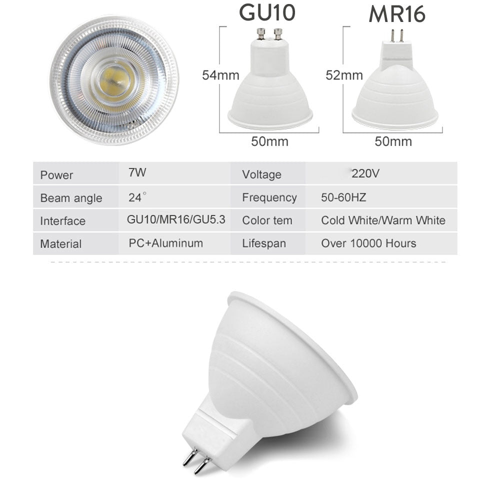 Dimmable 5pcs GU10 MR16 GU5.3 LED Spotlight 7W 220V 110V COB Light Bulb Super Bright Table Lamp Downlight Cool White Warm White