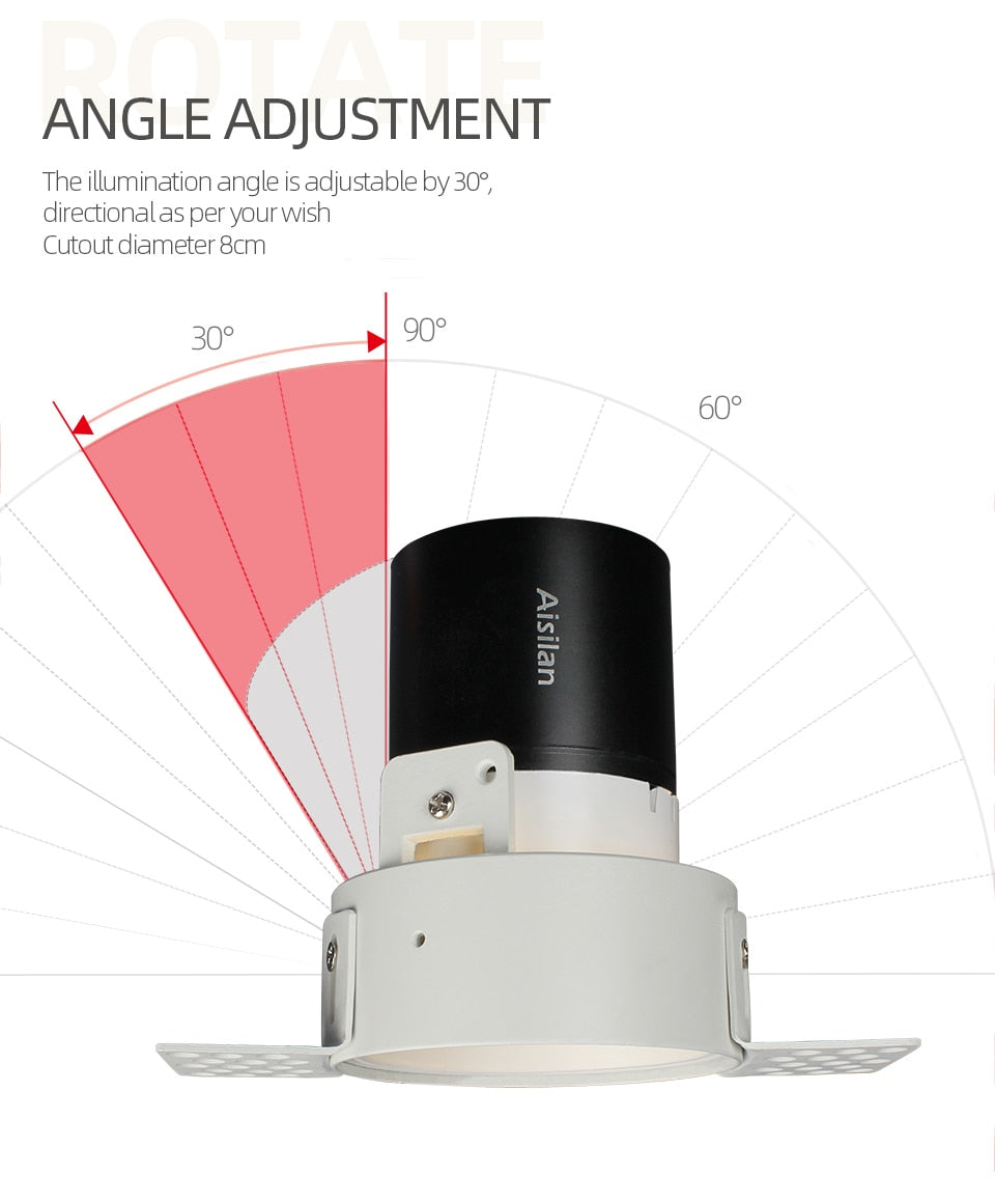 Aisilan LED recessed downlight Frameless anti-glare for living room corridor bedroom cutout size 8cm spot light lamp