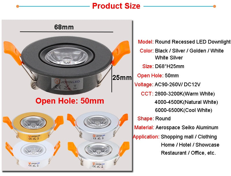 Aluminum Round LED Dimmable Ceiling Downlight 3W AC90-260V DC12V Recessed LED Spot Light Led Bulb Cutout 50mm With Driver