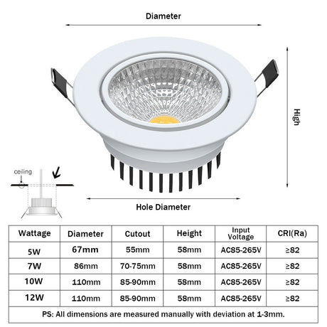  Super Bright Recessed LED Dimmable Downlight COB 5W 7W 10W 12W 3000K LED Ceiling Spot Light LED Ceiling Lamp AC 110V 220V