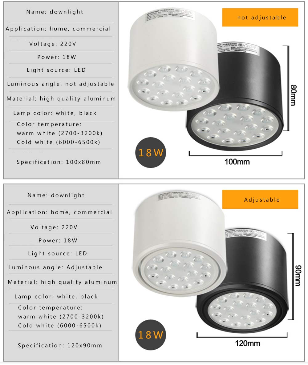 Adjustable angle Surface Mounted LED Downlights 7W 12W 18W High Power LED Ceiling Spot Light Kitchen Bathroom Downlights Lamp