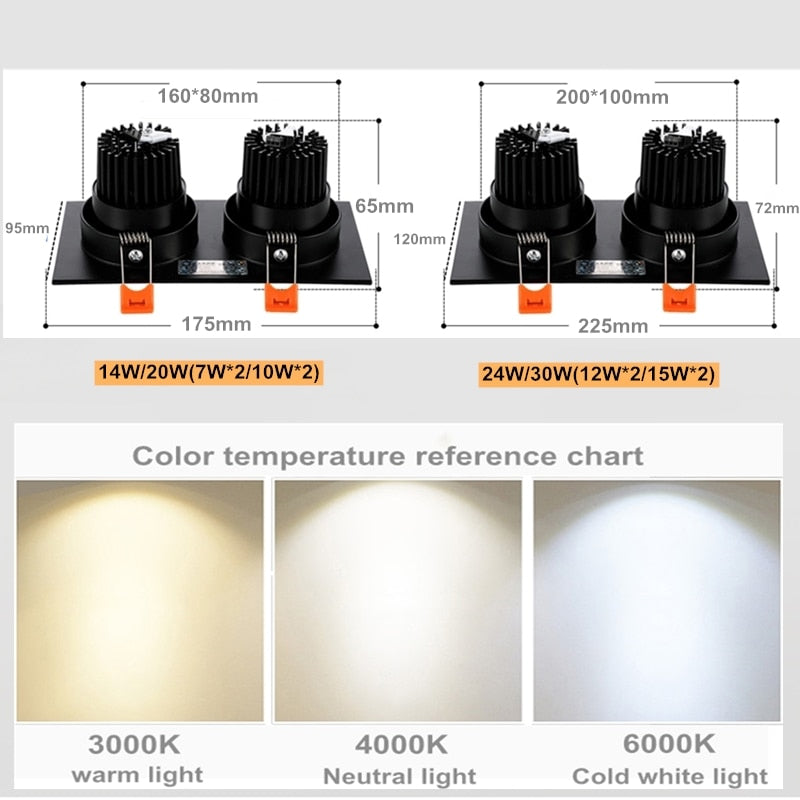 Double square Dimmable Led downlight light COB Ceiling Spotlight 1 PCS 14W 20W 24W 30W LED ceiling recessed Lights Indoor Lighting