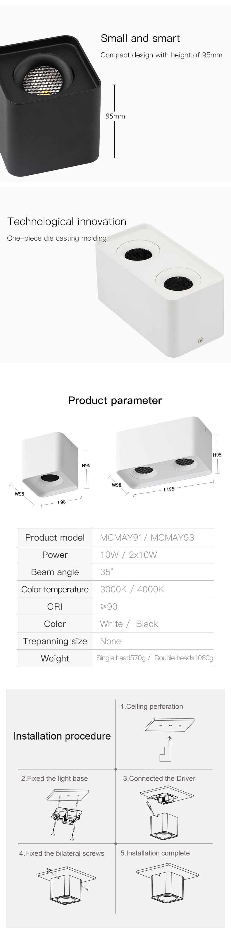 10W 20W Arc COB Led Downlight Surface Mounted Adjustable Square Ceiling Spot Lights Lamps For Indoor Home