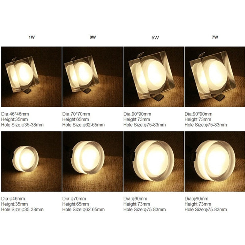 DBF Crystal Embedded in Downlight Square/Round 1W 3W 5W 7W LED Ceiling Recessed Spot Light for Home Decoration Kitchen Lighting