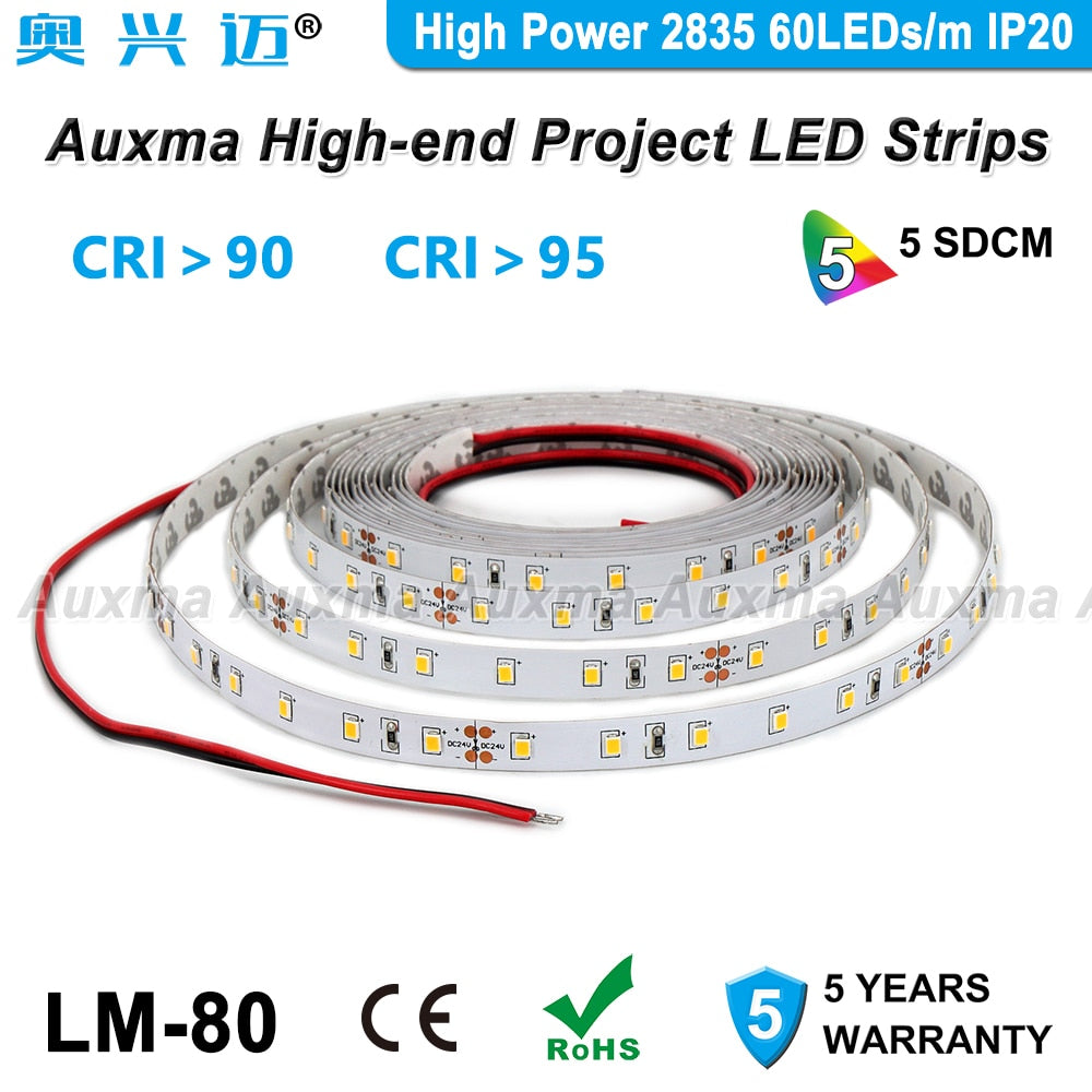 High Power 2835 60LEDs/m LED Strip,CRI95/CRI90,IP20,14.4W/m,12/24V,300LEDs/Reel,Non-waterproof,Red Green Blue Amber Yellow Pink