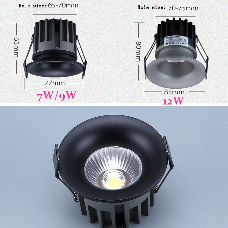 Super Bright Recessed LED Downlight COB Dimmable 7W 9W 12W LED Ceiling Spot Lights AC110-220V LED Ceiling Lamp with 3 colors