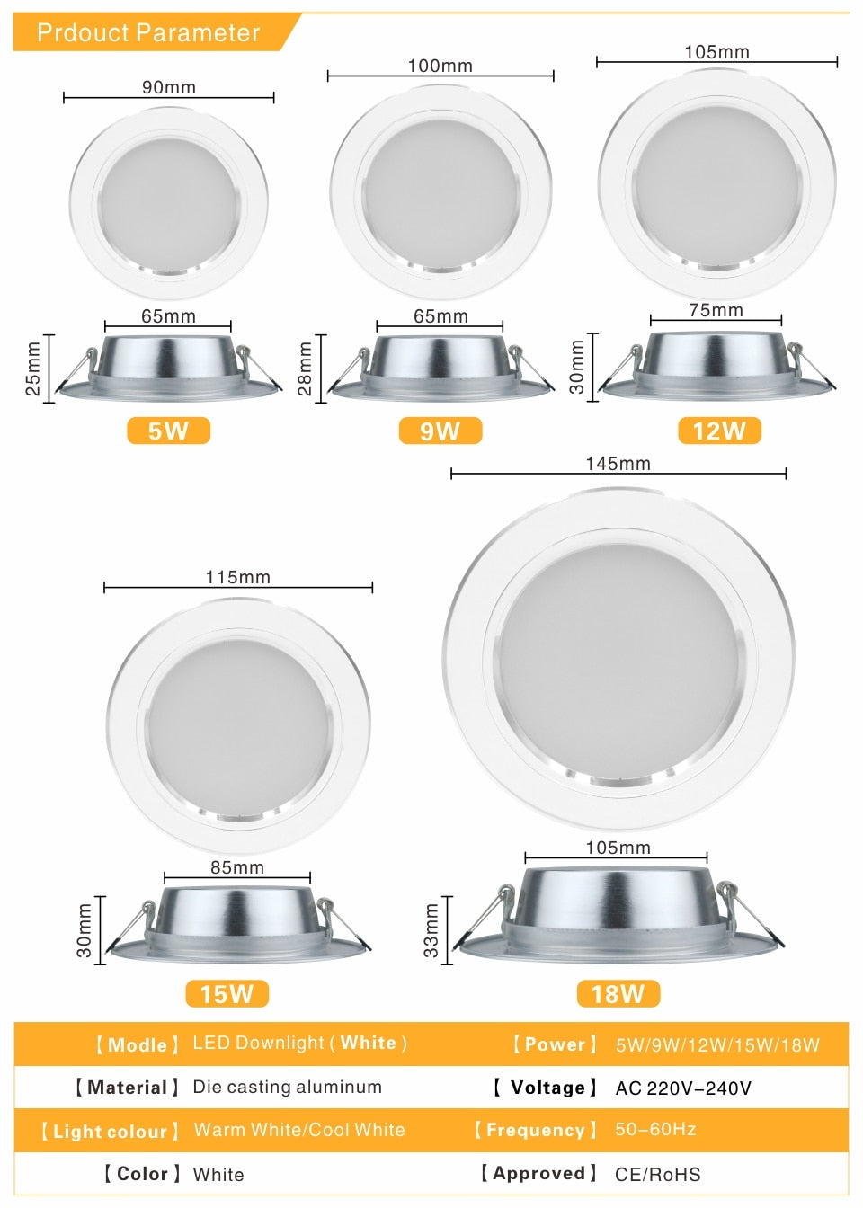 Led Downlight 5W 9W 12W 15W 18W AC 220V 230V 240V LED Ceiling bathroom Lamps living room light Home Indoor Lighting