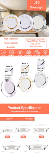 led downlight gold Silver White Ultra Thin Aluminum 3W 5W 9W 12W 15W 18W downlight  AC220V 240V Round Recessed LED Spot Lighting