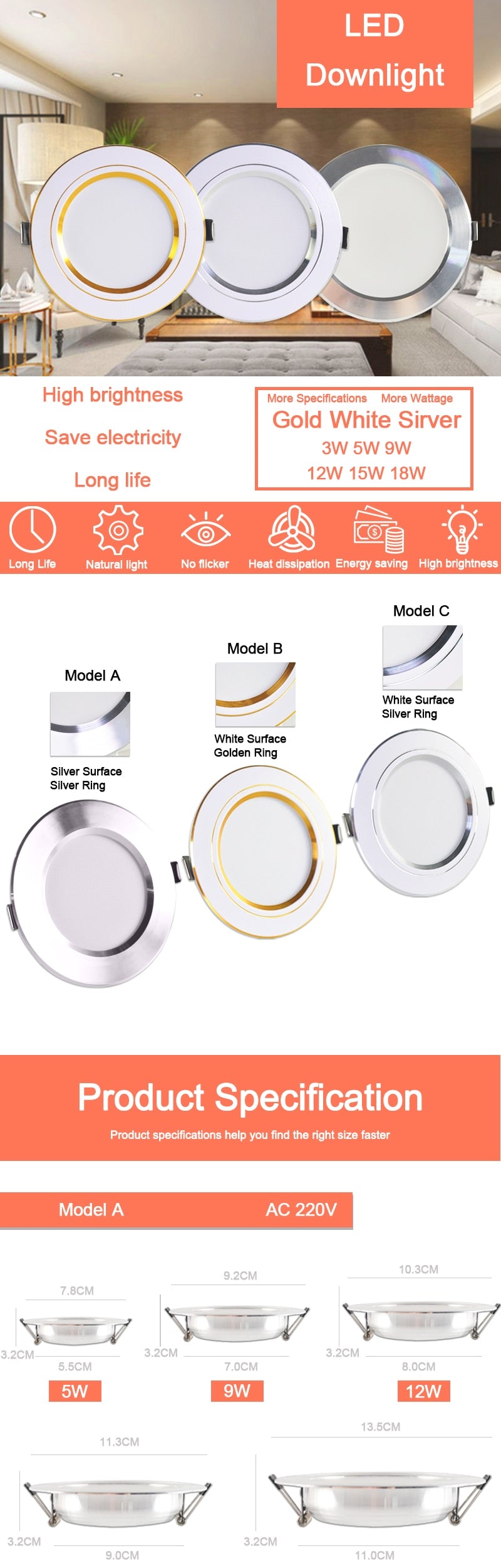 led downlight gold Silver White Ultra Thin Aluminum 3W 5W 9W 12W 15W 18W downlight  AC220V 240V Round Recessed LED Spot Lighting