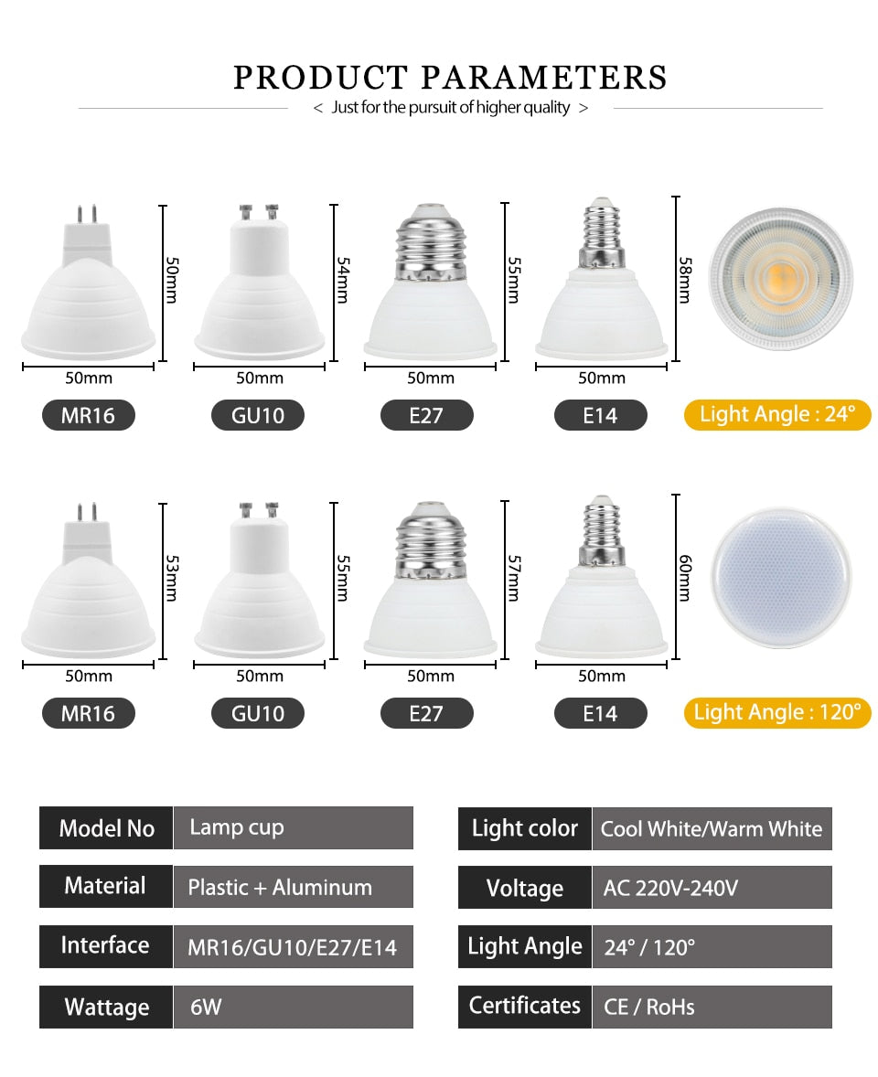 KARWEN Lampada LED Lamp bulb GU10 MR16 6W LED spotlight E27 E14 220V LED Downlight 48 60 80L Lampara LED light bulb for Bedroom