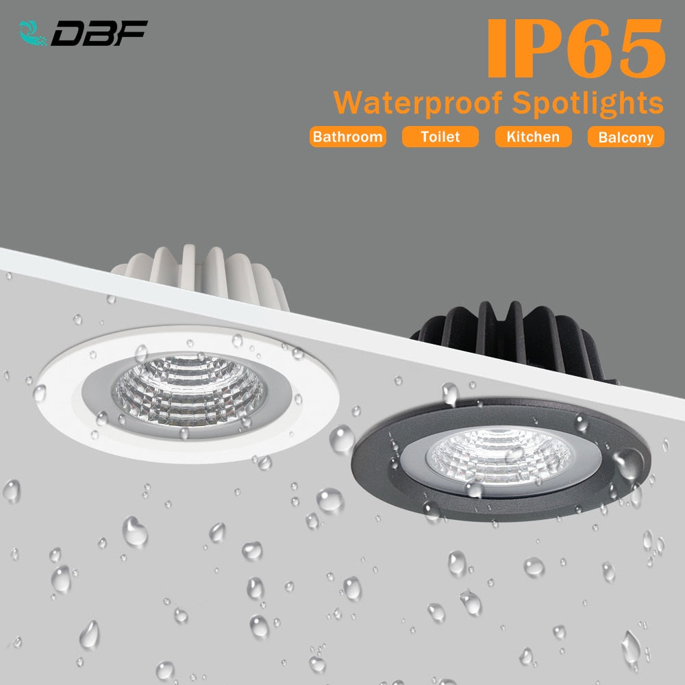 DBF Black/White IP65 Waterproof Recessed LED COB Downlight SMD5730 5W 7W 12W 15W Spot Light Bathroom Ceiling Lamp AC 110V/220V