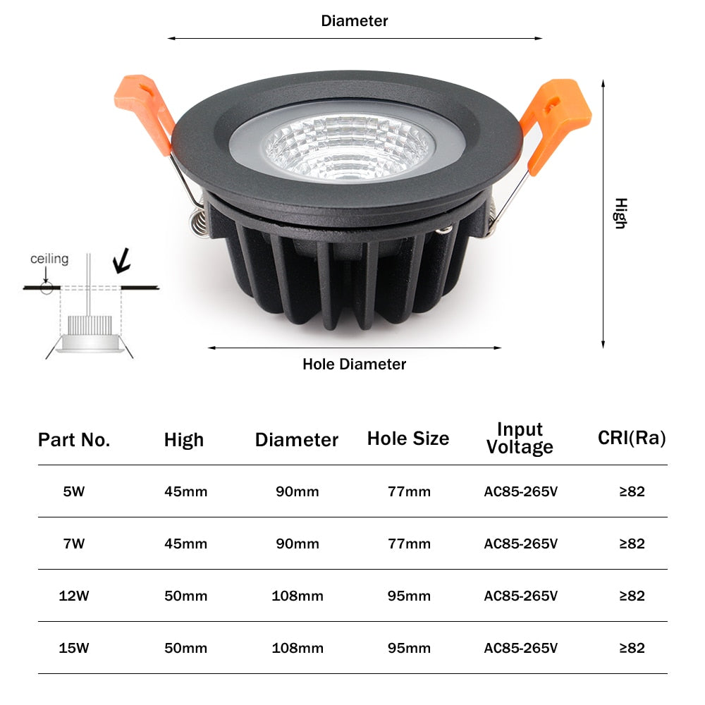DBF Black/White IP65 Waterproof Recessed LED COB Downlight SMD5730 5W 7W 12W 15W Spot Light Bathroom Ceiling Lamp AC 110V/220V