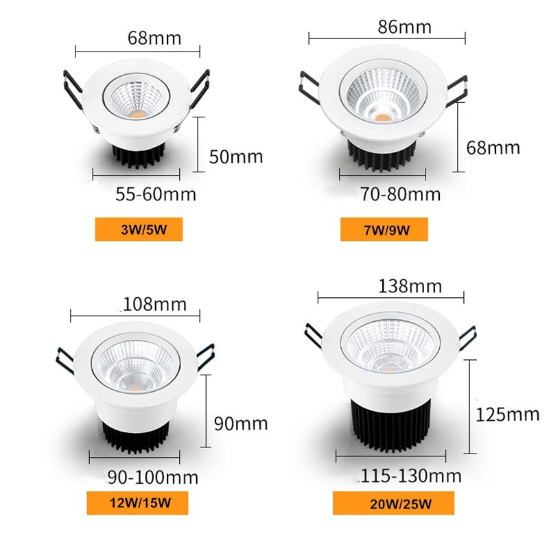 Dimmable round led spotlight embedded downlight AC86V~260V black and white ceiling light 3W~25W open-hole home lighting