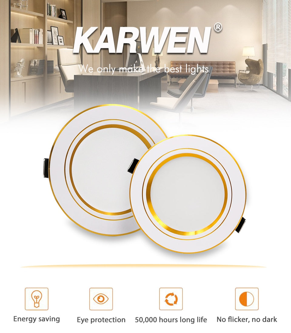 KARWEN LED Downlight AC 220V 230V 240V Ceiling light 5W 9W 12W 15W 18W Gold Body Led spotlight for living room