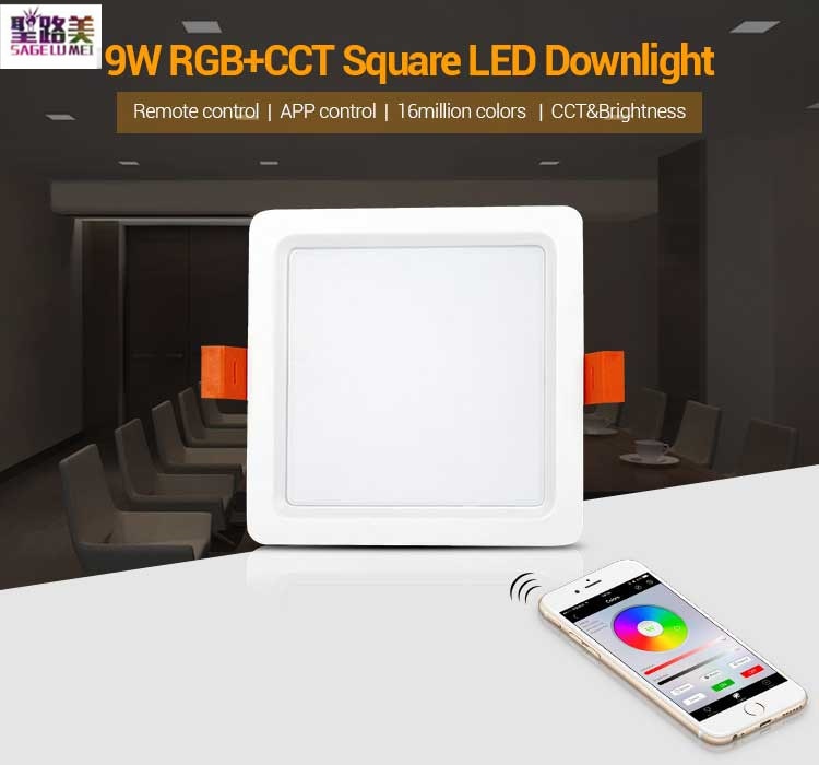 Milight 2.4G wireless remote panel control 9W RGB+CCT Square LED Downlight AC100~240V 50/60Hz use with smartphone APP wifi