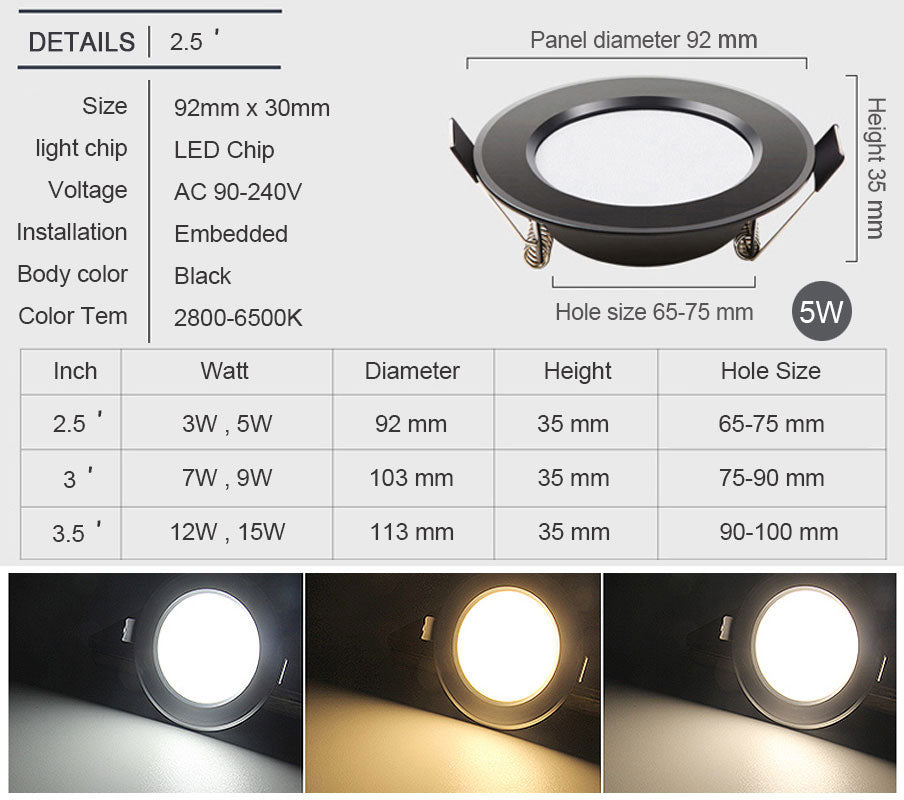 Ultra Bright Round black LED Downlight 3W 5W 7W 9W 12W 15W Aluminum AC110V 220V LED Down Light Red blue green Recessed Spot