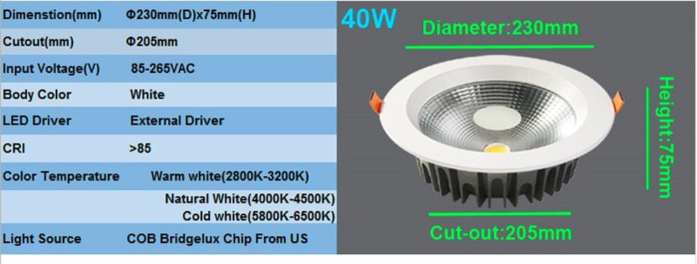 Downlight LED 7W 12W 20W 30W 40W 85-265V Dimmable LED Recessed COB Ceiling Down Lights Bathroom Kitchen Spot Lighting