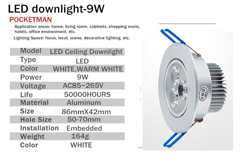 Led Downlight Foco Empotrable 9W Led Ceiling Lamp Faretto Incasso Lampara Techo Plafoniera Spot light Recessed 220V Led Lamp z86