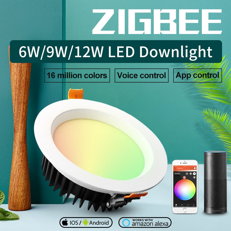 ZIGBEE ZLL Indoor smart 6W 9W 12W LED RGB+CCT downlight AC100-240V compatible with Amazon echo plus and many gateways colors