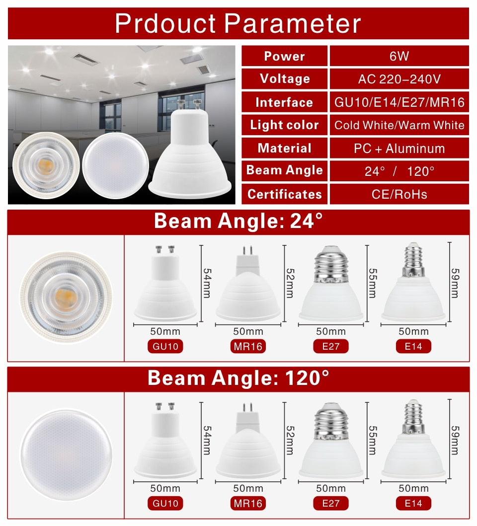  GU10 E27 E14 4pcs Lampasas LED Bulb 6W 220V Bombils' LED Lamp Spotlight Lampasas LED Spot Light 24/120 degree Cold/Warm white