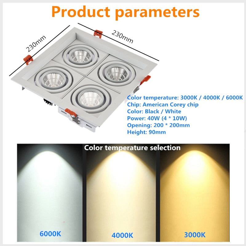 Dimmable super bright 4 heads recessed square LED Downlights COB 40W LED Spot lights LED decoration Ceiling Lamp AC85-265v