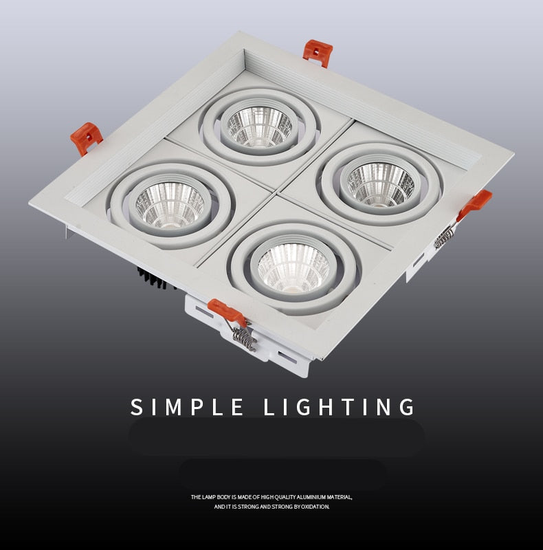 Dimmable super bright 4 heads recessed square LED Downlights COB 40W LED Spot lights LED decoration Ceiling Lamp AC85-265v