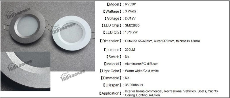 Tokili Round LED Downlight 3W Frosted Diffuser Ultra Slim Spring Clips Mount Full Aluminium 12V Dome Light Interior for RV Boat