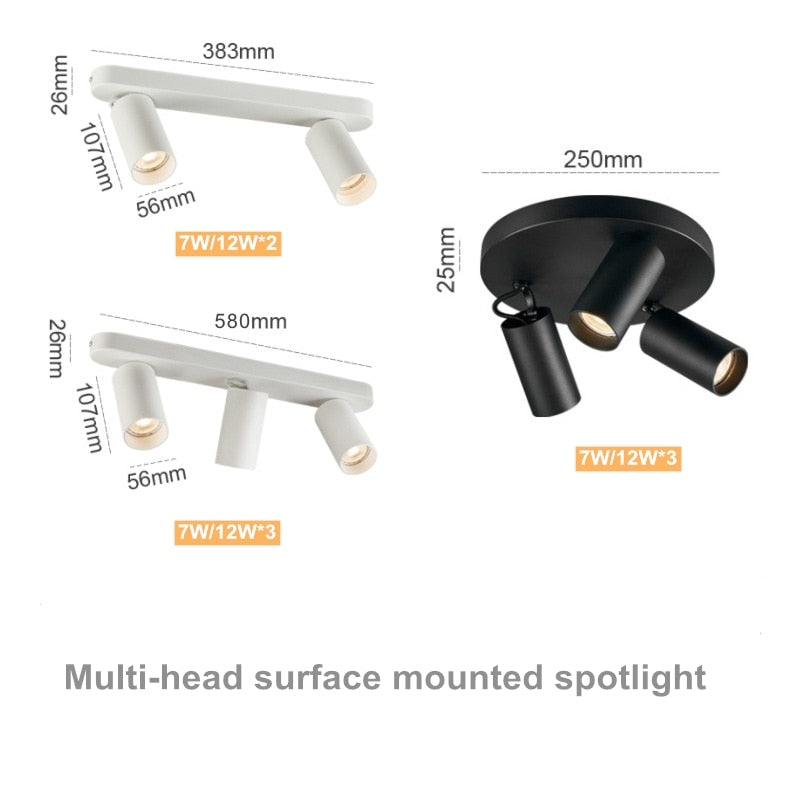 Dimmable creative three-head spotlight 7W/12W round led ceiling home living room surface mounted cob spotlight downlight