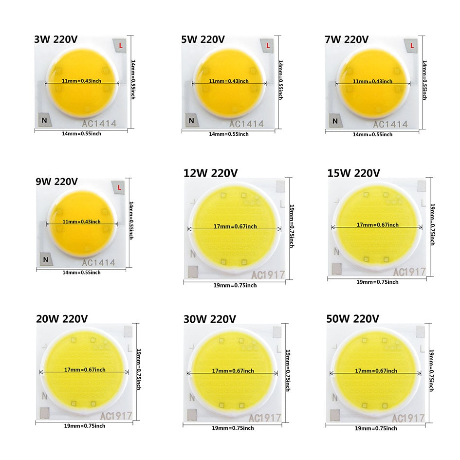Ceramics Base LED COB Chip Bulb 3W 5W 7W 9W 12W 15W 20W 30W 50W AC220V Smart IC Diode For FloodLight Spotlight Downlight DIY LED