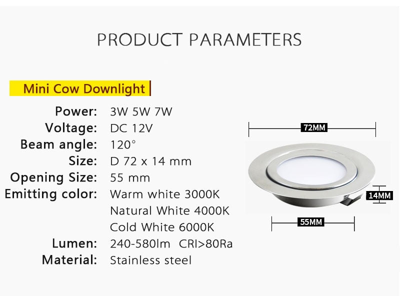 IP65 Downlight 3W 5W 7W DC 12V Stainless Steel 304 LED Safety Voltage Downlights for Home Kitchen Dining Spot Lighting 14mm Slim