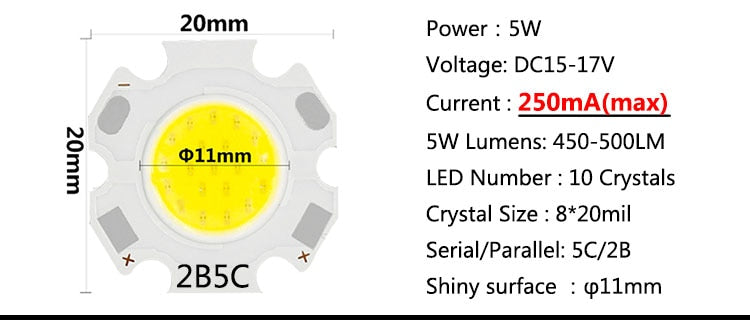 High Power 20pcs a Lot LED COB Light Bulb 20mm 3W 5W 7W 10W Use 250mA/300mA LED Source Chip Light Lamp SpotLight Downlight Lamps