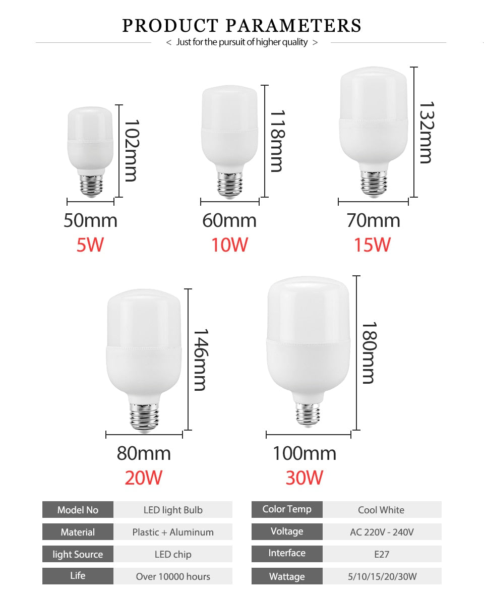 KARWEN Lampada LED Bulb E27 No Flicker LED Lamp 5W 10W 15W 20W 30W Bomlillas LED Ampoule Blub 220V For Indoor Home Table Lamp