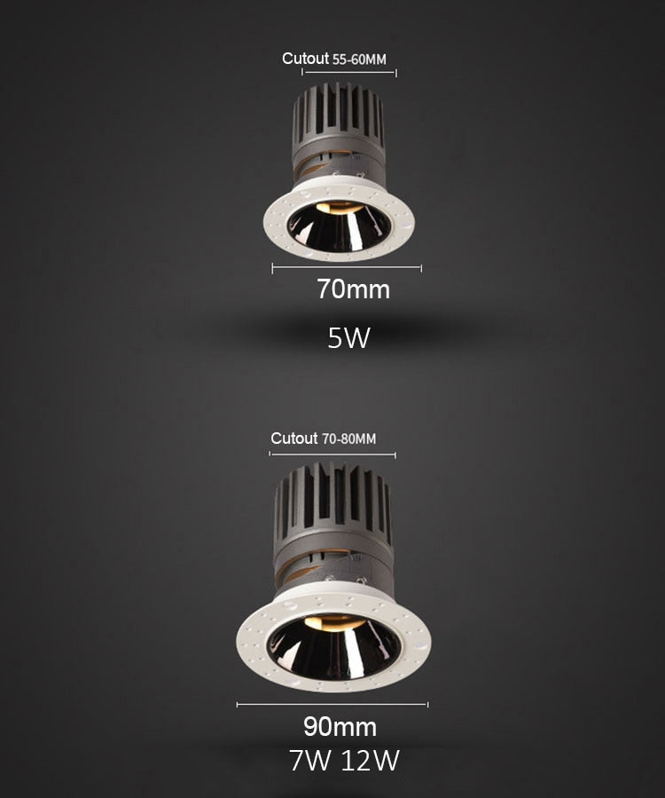 No Flickering Anti Glare LED Recessed Downlight  7W 12W LED Ceiling Spot Light For Hotel Corridor Bedroom Living Room